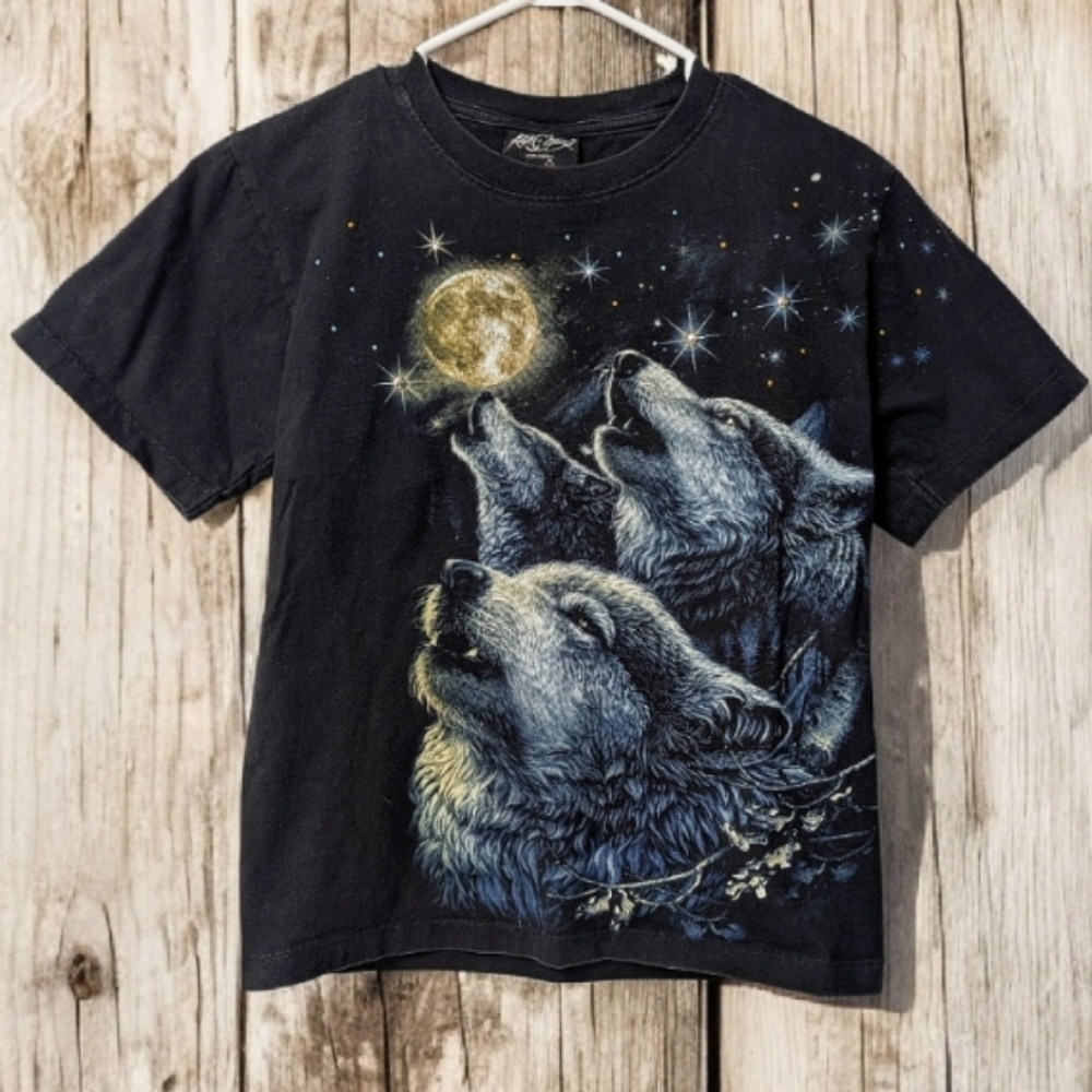 Vintage Rock Chang Wolfpack double sided print shirt, gemstone embellished
